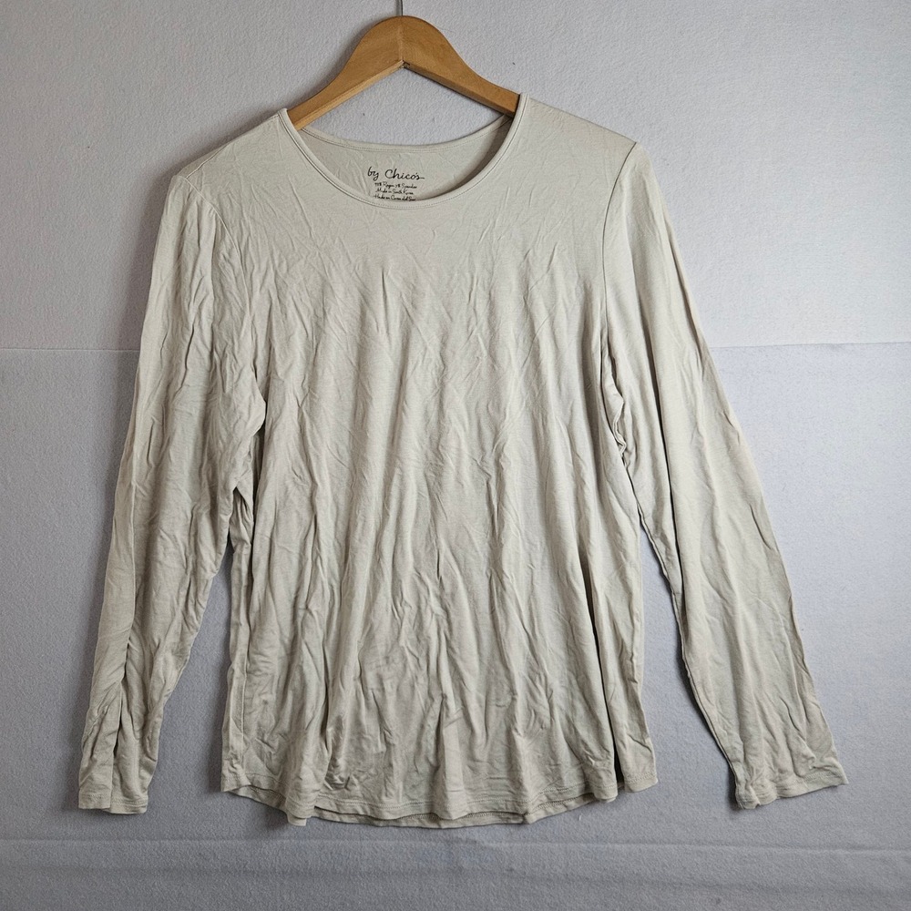 Chicos Long Sleeve Crew Neck Top Beige Tan Rayon Spandex‎ Size 2 570131265
